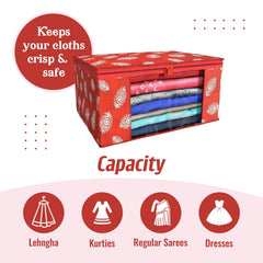 Heart Home Saree Cover | Clothes Storage Bag | Storage Organizer Bag | Zip Closure Saree Cover | Wardrobe Organizer | Peacock Feather-Design | 6 Inch | Pack of 2 | Red