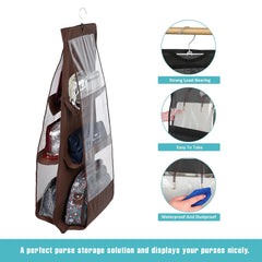 Heart Home Hanging Organizer | Handbag Organizer | Hanging Purse for Wardrobe | Transparent Clutch Organizer | Handbag Storage For Closet | 6 Pocket Storage Hanger | Brown
