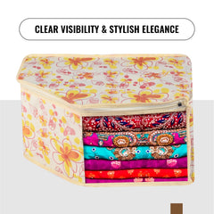 Kuber Industries Blouse Cover | Clothes Storage Bag | Zipper Wardrobe Organizers | Non-Woven Clothes Organiser | Side Transparent Blouse Organizer | Red Flower-Design | Pack of 6 | Ivory