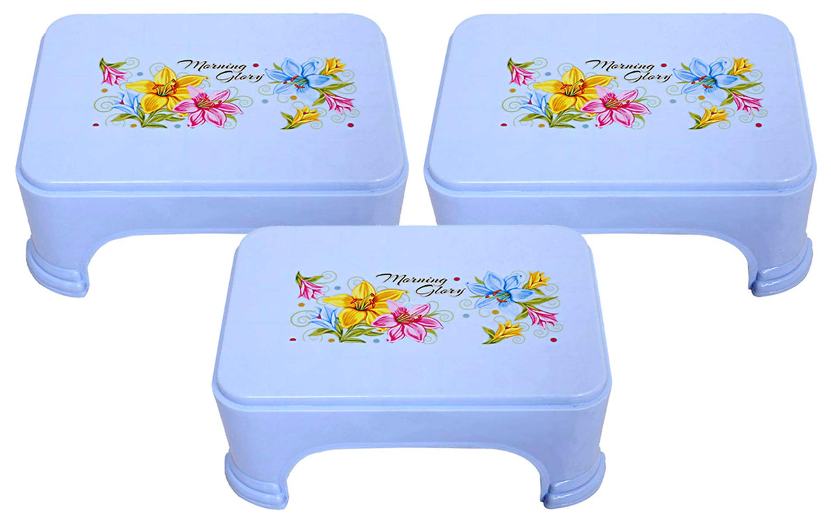 Kuber Industries Floral Print 3 Pieces Plastic Bathroom Stool, Adults Simple Style Stool Anti-Slip with Strong Bearing Stool for Home, Office, Kindergarten, Blue-KUBMART10861