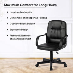 Heart Home Ergonomic Leather Office Chairs for Work from Home | Comes with Manual Height Adjustable, Armrest, Headrest & Lumbar Support | Comfy Study Chair for Students with Wheels | Black