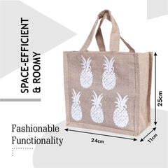 Heart Home Lunch Bag | Jute Carry Bag | Lunch Handbag | Lunch Bags for office | Reusable Lunch Bag with Handle | Tiffin Carry Hand Bag | Pineapple-Print Lunch Bag | Small | Brown