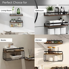 Kuber Industries Floating Shelves (2pcs) with One Wire Storage Basket | Wooden Floating Wall Shelf| Wall Mount| Wall Rack| Wall Bracket for Home and Office Decor | Big Mounted Cabinets | BW0388
