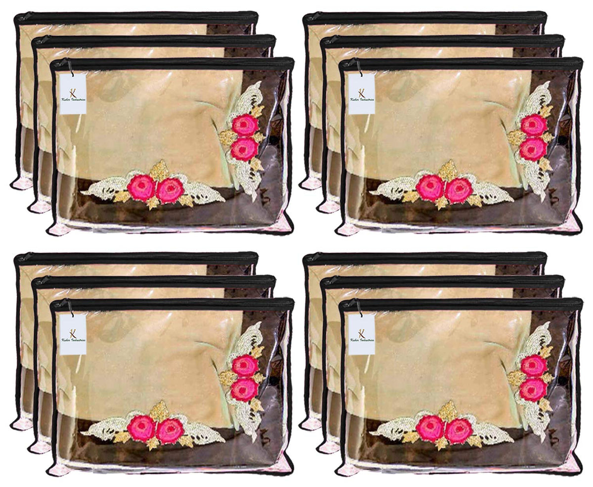 Kuber Industries Non-Woven Single Packing Saree Cover|Zipper Closure & Transparant Window|Size 41 X 36 X 1 Cm|Pack Of 12 (Black)-Kubmart2824