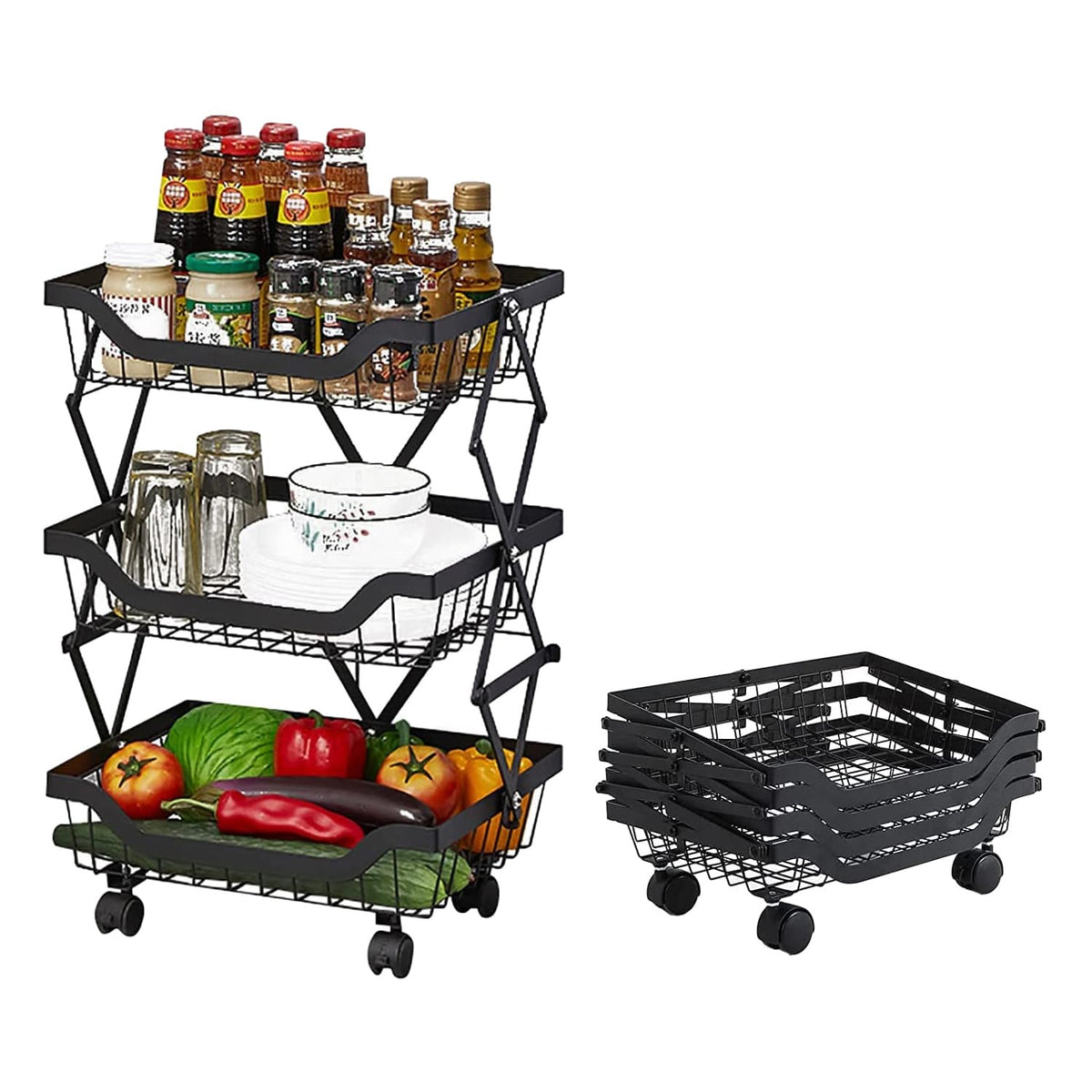 Kuber Industries 3-Layer Collapsible Kitchen Rack|Multipurpose Storage Basket|360-Degree Rotable Kitchen Trolley|Fruit Basket Pack of 2 (Black)