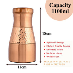 Kuber Industries Water Jug | Bottle with Inbuilt Glass | Vessel for Drinking Water | Bedroom Jar| Bedside Water Bottle | Water Jug | Middle Hammered | 1100 ML | Copper