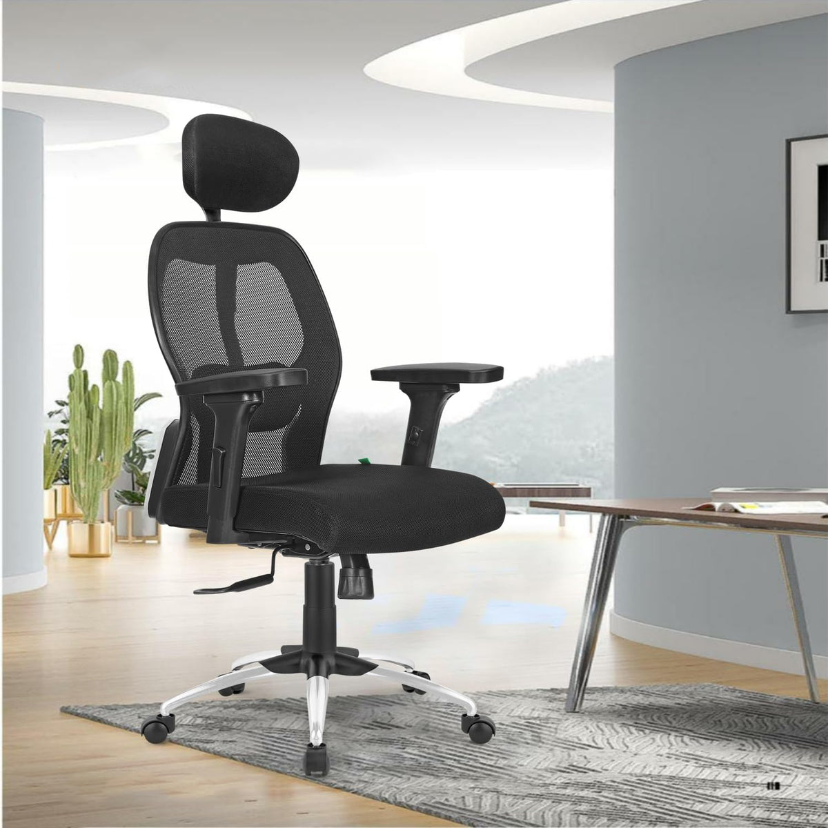 Kuber Industries Ergonomic Office Chairs for Work From Home | Comes with Manual Height Adjustable Armrest, Headrest & 2D Lumbar Support | Comfy Study Chair for Students with Wheels | Black