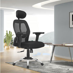 Kuber Industries Ergonomic Office Chairs for Work From Home | Comes with Manual Height Adjustable Armrest, Headrest & 2D Lumbar Support | Comfy Study Chair for Students with Wheels | Black