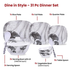 Heart Home 31 Pieces Square Unbreakable Microwave & Dishwasher Safe Melamine Dinnerware Kitchen Crockery Set | Glossy Dinner Sets & Kitchen Set for Home | Red Floral - White