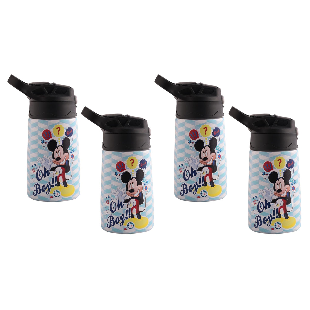 Kuber Industries 350 ml Insulated Water Bottle | Mickey Kids Water Bottle | Stainless Steel Kids Water Bottle | Water Bottle with Push-Button Flip Lid | Bottle For School | Sky Blue | Pack of 4