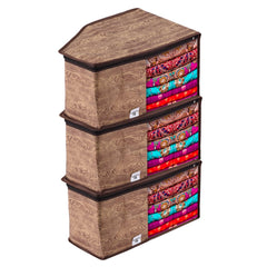 Heart Home Blouse Cover | Clothes Storage Bag | Zipper Wardrobe Organizers | Non-Woven Clothes Organiser | Side Transparent Blouse Organizer | Wooden Texture-Design | Pack of 3 | Brown