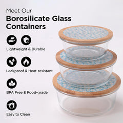 Kuber Industries Pack of 3 Borosilicate Glass Kitchen Containers with Bamboo Lid | 390ml 620ml 960ml | Airtight Round Fridge Storage Boxes |Kitchen accessories items | Dandy Daisies Print