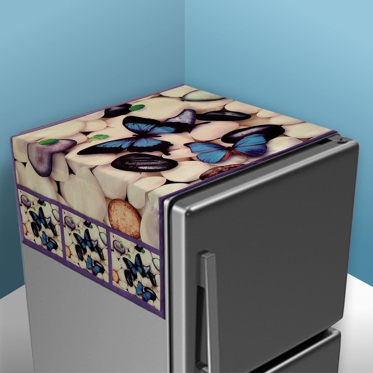 Kuber Industries Fridge Top Cover | Fridge Top Cover with Pockets | Refrigerator Top Cover for Kitchen | Fridge Top Cover with 6 Utility Pockets | Stone Butterfly Fridge Cover | White