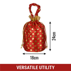 Heart Home Potli|Round Wedding Potli|Silk Drawstring Potli|Wallet Potli with Handle|Christmas Gift Potli|Baby Shower Potli|Traditional Shagun Potli|Golden Dot-Potli|Pack of 2|Red