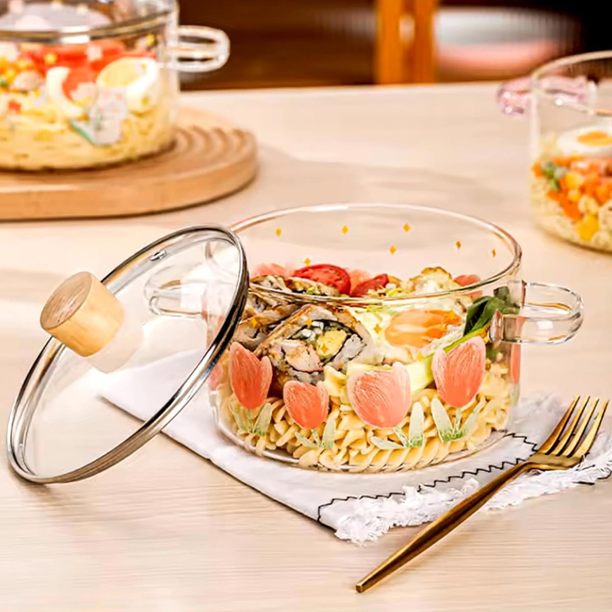 Homestic Borosilicate Glass 1.45L Saucepan with Lid & Handle | Induction Pan Cookware | Handi for Cooking | Microwave Safe | Cooktop for Tea/Milk/Pasta/Rice | Transparent- Pink Flower Print
