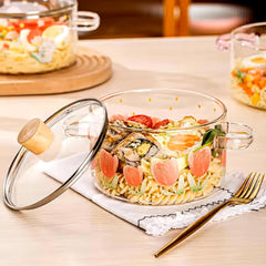 Homestic Borosilicate Glass 1.45L Saucepan with Lid & Handle | Induction Pan Cookware | Handi for Cooking | Microwave Safe | Cooktop for Tea/Milk/Pasta/Rice | Transparent- Pink Flower Print