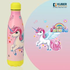 Kuber Industries 500 ml Water Bottle with 2 Lids | Unicorn Rainbow | Stainless Steel Bottle for Travel-Gym & Sports | BPA-Free Insulated Sipper Bottle for Adults & Kids with Straw | Pink | Pack of 2