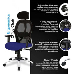 Kuber Industries Ergonomic Office Chairs for Work From Home | Comes with Manual Height Adjustable, Armrest, Headrest & Lumbar Support | Comfy Study Chair for Students with Wheels | Black & Blue Seat