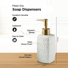 Heart Home Liquid Soap Dispenser | Stoneware | Bathroom Sanitizer, Shampoo Dispenser | Ceramic Handwash Bottle for Kitchen | Soap Dispenser for Wash Basin | Bathroom Accessories | 310ml (White)