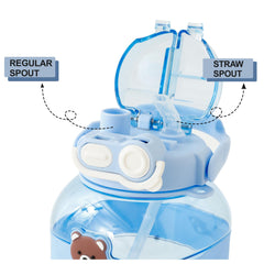 Kuber Industries Kids Pack of 2 Water Bottle With Straw |Cute Teddy Bear Sipper Water Bottle For Kids Boys Girls| Water Bottle with Locking Flip Lid | 1000 ML | Blue | SYZ-7730C