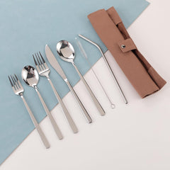 Kuber Industries 7 Pcs Utensil Set | Travel Camping Cutlery Set | Stainless Steel Flatware Set with Bag | Travel Organizer Utensil Set | Durable and Practical | Brown Cover