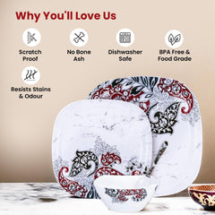 Heart Home 31 Pieces Square Unbreakable Microwave & Dishwasher Safe Melamine Dinnerware Kitchen Crockery Set | Glossy Dinner Sets & Kitchen Set for Home | Keri Floral - White Bowl