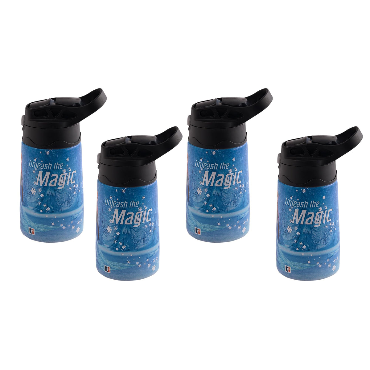 Kuber Industries 350 ml Insulated Water Bottle | Disney Frozen Kids Water Bottle | Stainless Steel Kids Water Bottle | Water Bottle with Push-Button Flip Lid | Bottle For School | Blue | Pack of 4