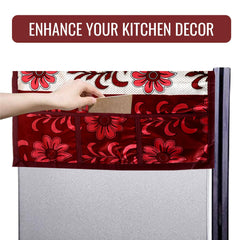 Kuber Industries Fridge Top Cover | Fridge Top Cover with Pockets | Refrigerator Top Cover for Kitchen | Fridge Top Cover with 6 Utility Pockets | Kniting Flower Fridge Cover | Pink