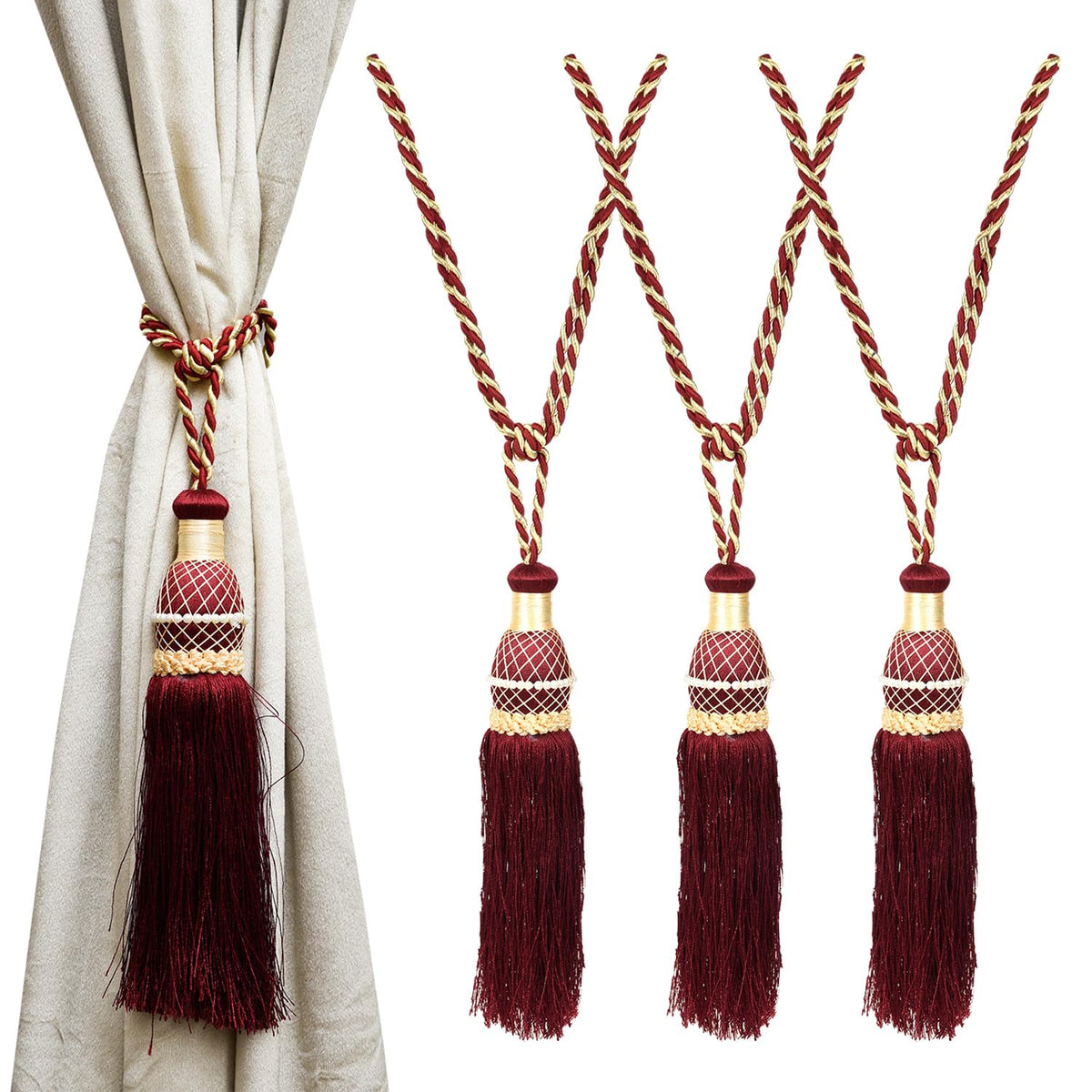 Kuber Industries Tassel Set | Curtain Tie Back Tassel Set | Curtain Holder Tieback | Curtain Tieback | Curtain Holder for Home & Office Décor | Moti Kit Pit Tassel | Pack of 4 | Maroon