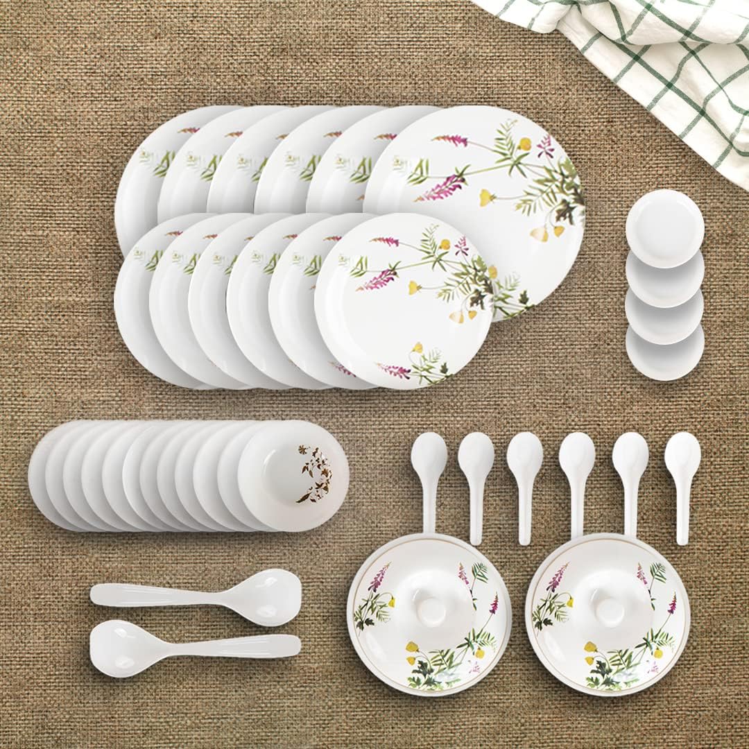 Kuber Industries 40 Pieces Round Melamine Microwave & Dishwasher Safe Dinnerware Kitchen Crockery Set | Glossy Dinner Sets & Kitchen Set for Home | Deluxe Lavendar Floral - White