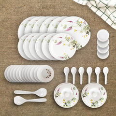 Kuber Industries 40 Pieces Round Melamine Microwave & Dishwasher Safe Dinnerware Kitchen Crockery Set | Glossy Dinner Sets & Kitchen Set for Home | Deluxe Lavendar Floral - White