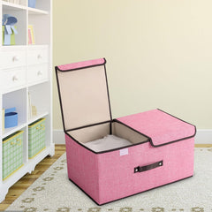 Kuber Industries Double Lid Foldable Storage Box|Toys Storage Bin|Wardrobe Organizer For Clothes|Front Handle & Stackable Pack Of-2 (Pink)