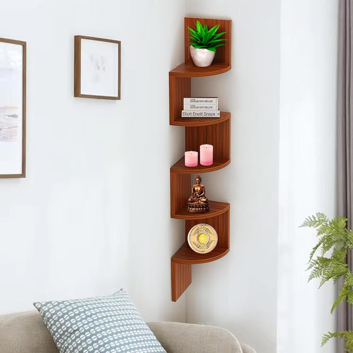 Kuber Industries Durable & Sturday Wooden 5 Tier Zig Zag Corner Wall Mount Wooden Wall Shelf for Bedroom & Living Room | Furniture Wall Rack Shelf for Decor | Walnut