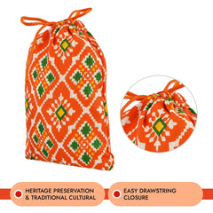 Kuber Industries Potli | Silk Wedding Potli | Drawstring Closure Potli | Wallet Potli | Christmas Gift Potli | Baby Shower Potli | Small-Patola-Print Potli | 5x7 Inch | Pack of 4 | Orange