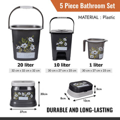Heart Home Bathroom Set | Plastic Bathroom Combo Set | Bucket-Stool-Mug-Dustbin-Soap Holder Set for Bathroom | Modern Bath Set | Printed Bathroom Set | Set of 5 | Gray