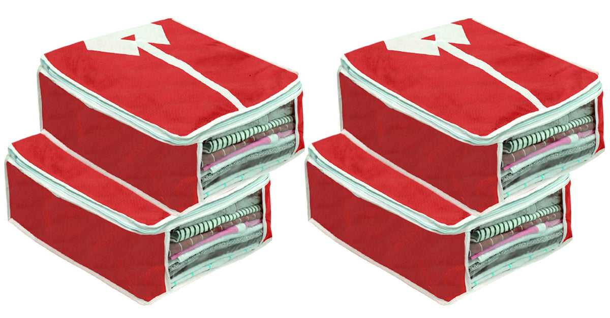 Heart Home Foldable Non-Woven Shirt T-shirt Trousers Jeans Organizer With Clear Window- Pack of 4 (Maroon) -HS43HEARTH26170