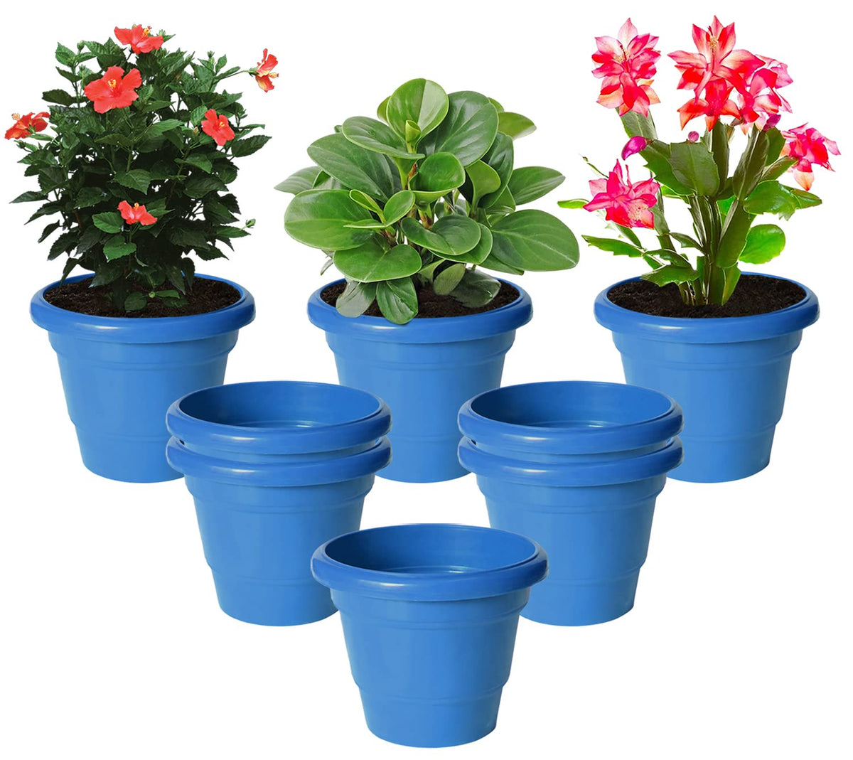 Kuber Industries Solid 2 Layered Plastic Flower Pot|Gamla for Home Decor,Nursery,Balcony,Garden,8"x 6",Pack of 8 (Blue)