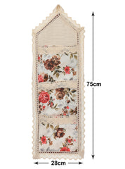 Heart Home Flower Printed Multiuses 3 Pockets Wall Hanging Storage Organizer/Holder For Home (Cream & Red)-50HH01175