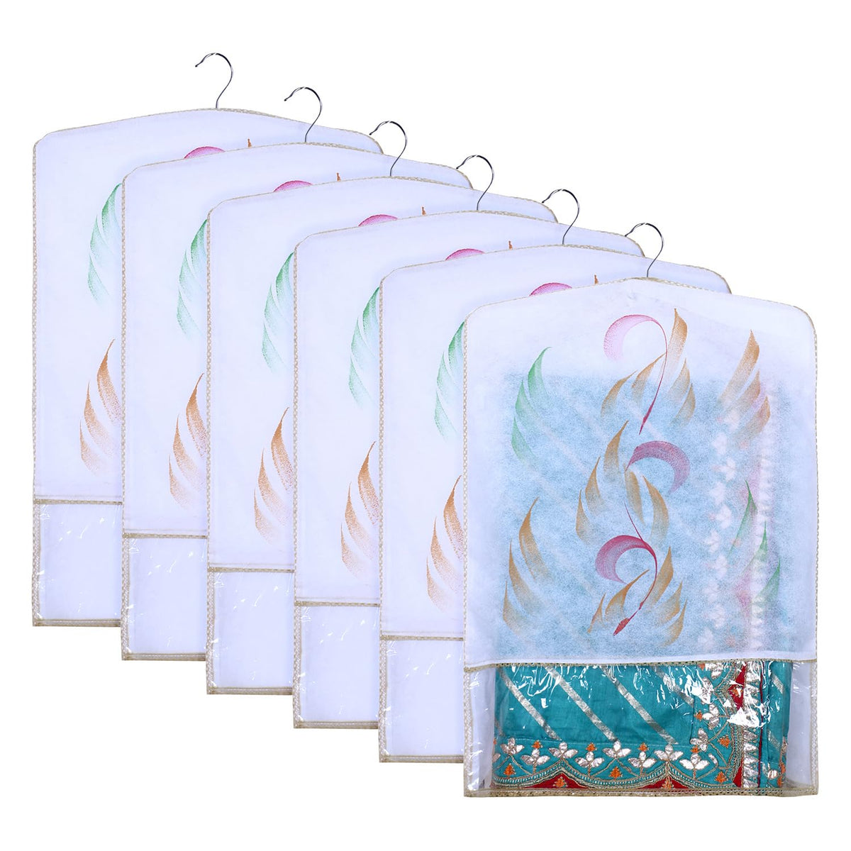 Heart Home Hanging Saree Cover | Brush Painting Pattern Saree Cover | Non-Woven Saree Covers for Home | Saree Cover with Small Transparent view | Pack of 6 | Golden