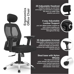 Kuber Industries Ergonomic Office Chairs for Work From Home | Comes with Manual Height Adjustable Armrest, Headrest & 2D Lumbar Support | Comfy Study Chair for Students with Wheels | Black
