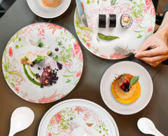 Kuber Industries 32 Pieces Round Melamine Microwave & Dishwasher Safe Dinnerware Kitchen Crockery Set | Glossy Dinner Sets & Kitchen Set for Home | Stylon Pink Floral - White