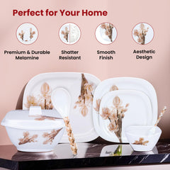 Kuber Industries 31 Pieces Square Unbreakable Microwave & Dishwasher Safe Melamine Dinnerware Kitchen Crockery Set | Glossy Dinner Sets & Kitchen Set for Home | White Rose - White