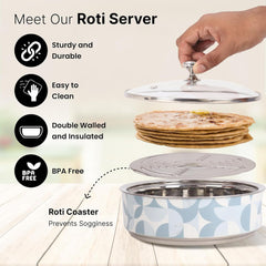Kuber Industries Pack of 5 Stainless Steel Insulated Hotpot Roti Box with Transparent Glass Lid | 1.5L Chapati Casserole for Dining Table - Light Blue