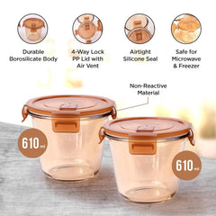 Heart Home Pack of 3 Borosilicate Glass Kitchen Containers Set with Airvent Pp Lid | Airtight Round Fridge Storage Boxes for Grains, Pulses, Spices, Snacks | 610 ml Each | Light Orange