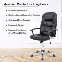 Kuber Industries Ergonomic Leather Office Chairs for Work from Home | Comes with Manual Height Adjustable, Armrest, Headrest & Lumbar Support | Comfy Study Chair for Students with Wheels | Black