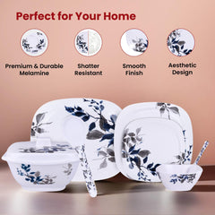 Kuber Industries 31 Pieces Square Unbreakable Microwave & Dishwasher Safe Melamine Dinnerware Kitchen Crockery Set | Glossy Dinner Set & Kitchen Set for Home | Blue Vine (Bail) - White