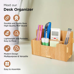 Urbane Home 4 Compartment Pen Stand for Office | MDF Wood Rack | Aesthetic Stationery Stand For Office Table Accessories | Burlywood | 21.1x9.7x13cm