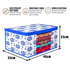 Heart Home Saree Cover | Zip Closure Saree Cover | Clothes Storage Bag | Wardrobe Organiser | Transparent Window Saree Cover | Flower-Design | 9 inch | Pack of 12 | Blue