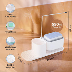 Urbane Home 3 in 1 Press Soap Dish for Bathroom & Kitchen Sink 550ml | Multifunctional Handwash Dispenser with Sponge Holder & Towel Rack |White | Kitchen Accessories Items.