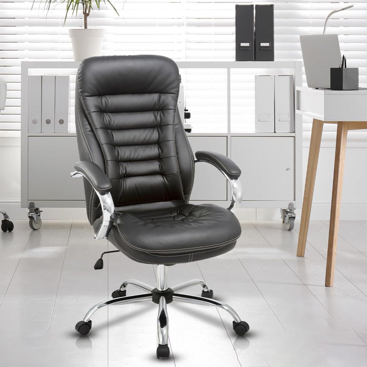 Kuber Industries Leather Office Chairs for Work From Home | Comes with Manual Height Adjustable, Armrest, Headrest & Lumbar Support | Comfy Study Chair for Students with Wheels | Black | SAVOC115BLK